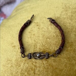 Braided Leather Bracelet with Antique Metal Clasp - Brown